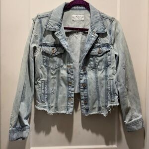 KanCan Light Blue Denim Jacket with indigo accents. Size S. Distressed nwot